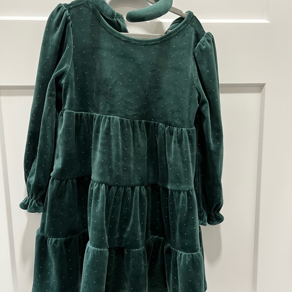 Tahari Girls Emerald Velvet Tiered Dress with Dotted Sparkle